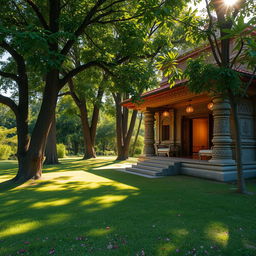 A tranquil and picturesque exterior view of an ancient Hindu ashram, set amidst lush greenery