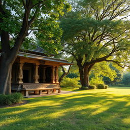A tranquil and picturesque exterior view of an ancient Hindu ashram, set amidst lush greenery