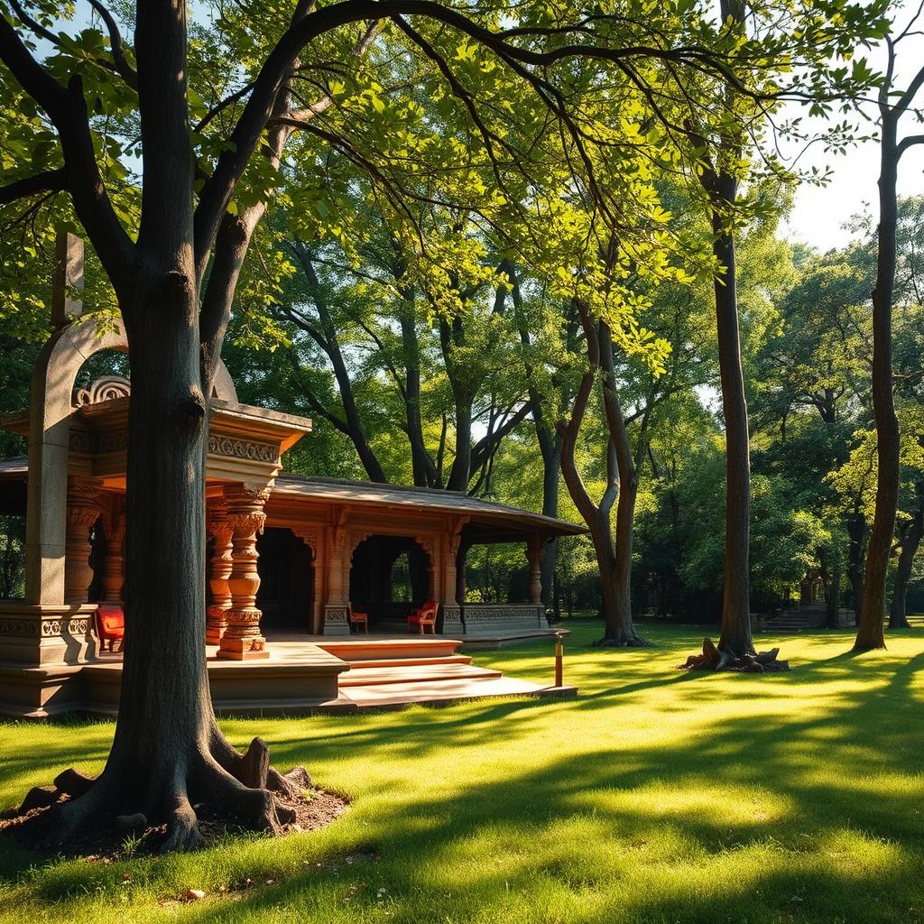 A tranquil and picturesque exterior view of an ancient Hindu ashram, set amidst lush greenery