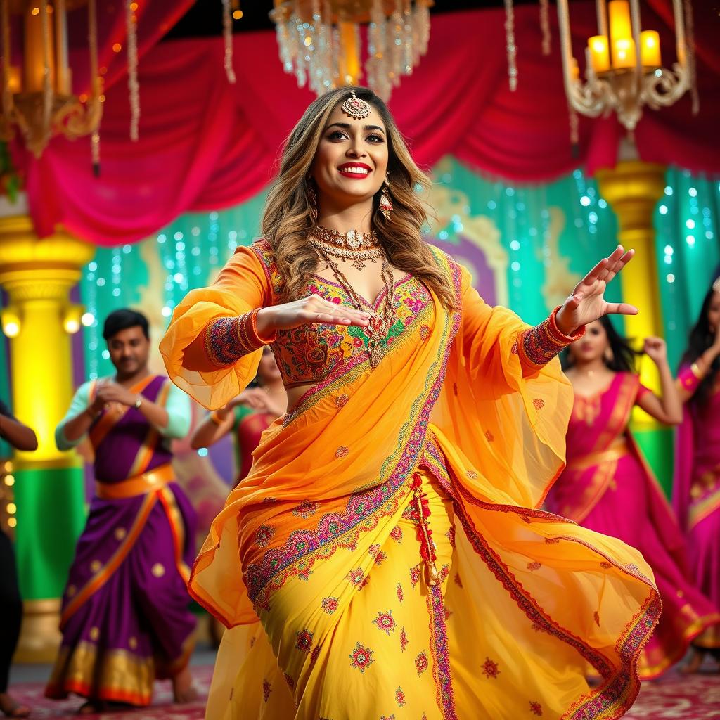 A captivating woman resembling Jess Davies dressed in an extravagant Bollywood-inspired outfit, featuring vibrant colors, intricate embroidery, and flowing fabrics