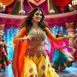 A captivating woman resembling Jess Davies dressed in an extravagant Bollywood-inspired outfit, featuring vibrant colors, intricate embroidery, and flowing fabrics
