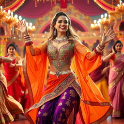 A captivating woman resembling Jess Davies dressed in an extravagant Bollywood-inspired outfit, featuring vibrant colors, intricate embroidery, and flowing fabrics