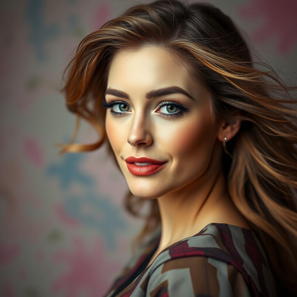 A striking portrait of a woman resembling Jess Davies, showcasing her vibrant personality and beauty