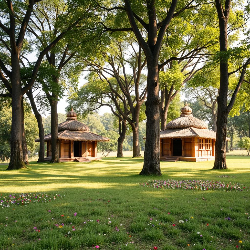 An enchanting exterior view of an ancient Hindu ashram featuring traditional kutiyas (small huts) made of natural materials such as wood and thatch