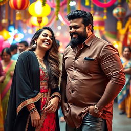 A dynamic scene featuring a woman resembling Jess Davies and the renowned actor Vijay Sethupathi, both standing together in a vibrant, Bollywood-style setting