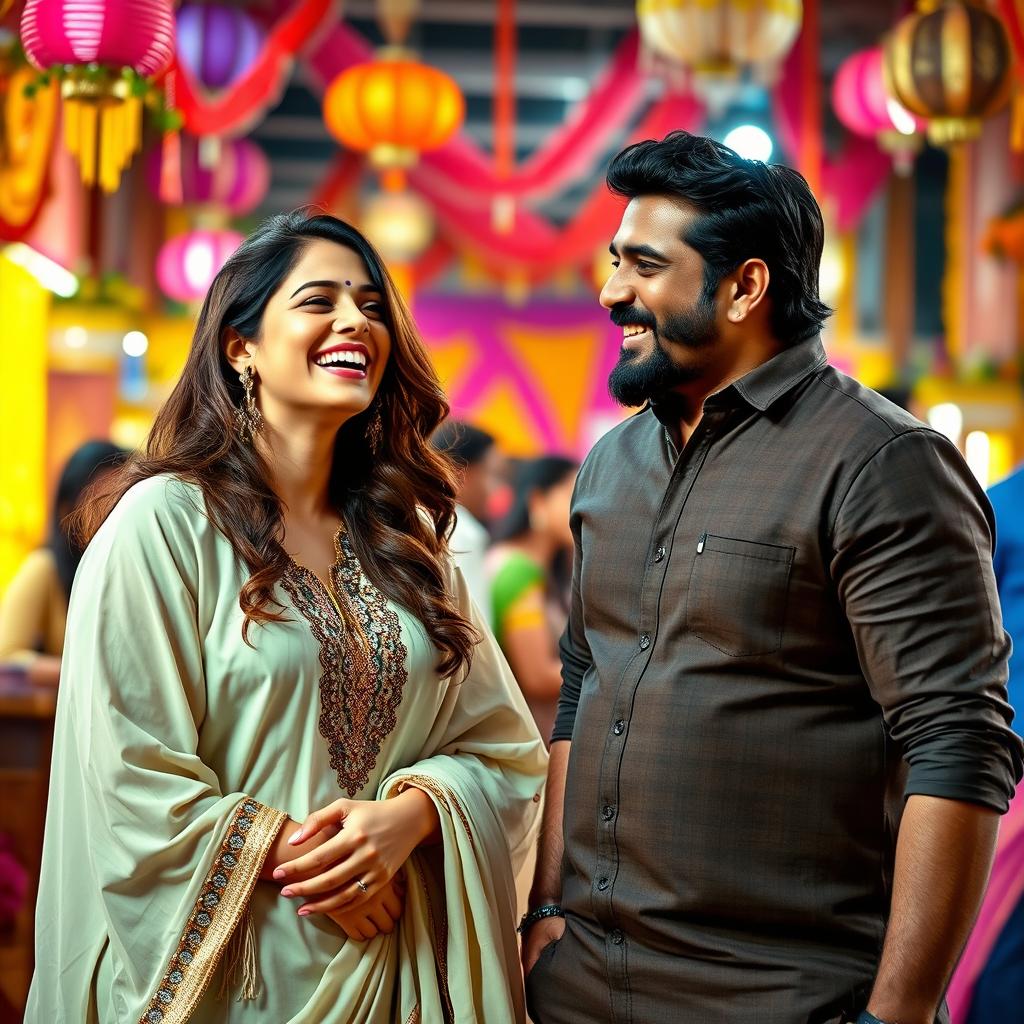 A dynamic scene featuring a woman resembling Jess Davies and the renowned actor Vijay Sethupathi, both standing together in a vibrant, Bollywood-style setting