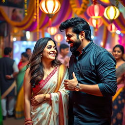 A dynamic scene featuring a woman resembling Jess Davies and the renowned actor Vijay Sethupathi, both standing together in a vibrant, Bollywood-style setting