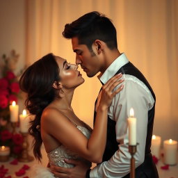 A sensual and intimate scene featuring two adults in a romantic setting, leaning in for a passionate kiss