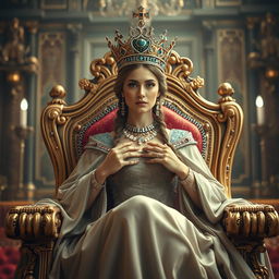 A regal queen elegantly seated on a grand throne, showcasing her authority and grace