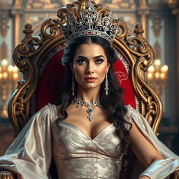 A regal queen elegantly seated on a grand throne, showcasing her authority and grace