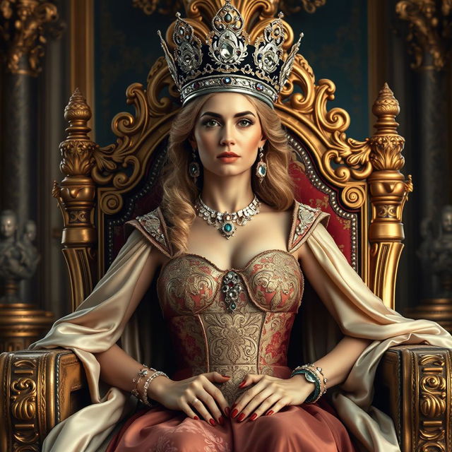 A regal queen elegantly seated on a grand throne, showcasing her authority and grace