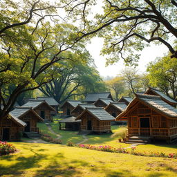 A captivating exterior view of an ancient Hindu ashram featuring numerous kutiyas (small huts), crafted from natural materials like wood and straw