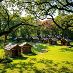 A captivating exterior view of an ancient Hindu ashram featuring numerous kutiyas (small huts), crafted from natural materials like wood and straw