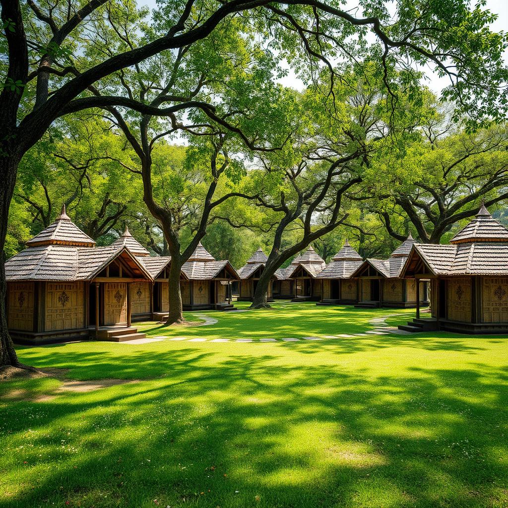 A captivating exterior view of an ancient Hindu ashram featuring numerous kutiyas (small huts), crafted from natural materials like wood and straw