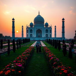A stunning view of the Taj Mahal at sunset, showcasing its majestic white marble structure reflecting in the water of the surrounding pool