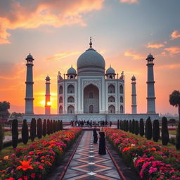 A stunning view of the Taj Mahal at sunset, showcasing its majestic white marble structure reflecting in the water of the surrounding pool
