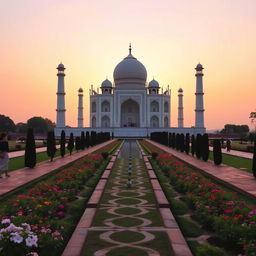 A stunning view of the Taj Mahal at sunset, showcasing its majestic white marble structure reflecting in the water of the surrounding pool