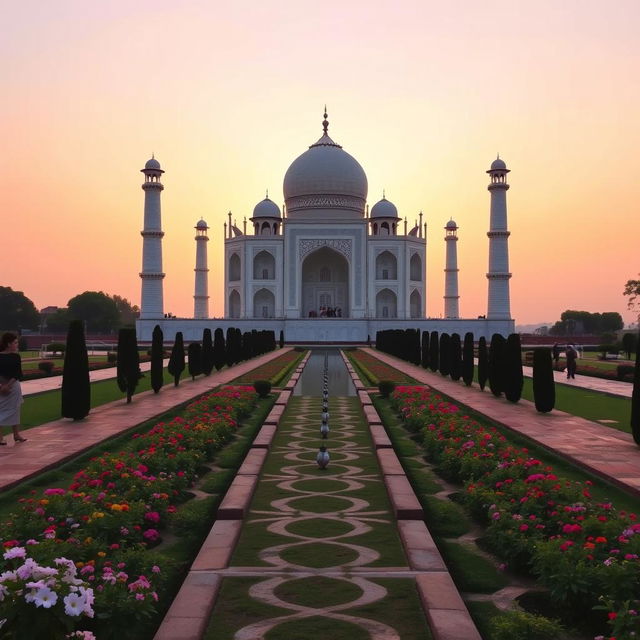 A stunning view of the Taj Mahal at sunset, showcasing its majestic white marble structure reflecting in the water of the surrounding pool