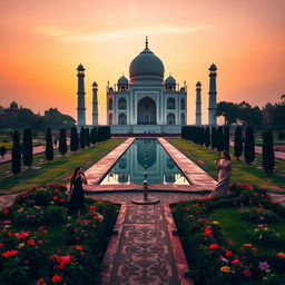A stunning view of the Taj Mahal at sunset, showcasing its majestic white marble structure reflecting in the water of the surrounding pool