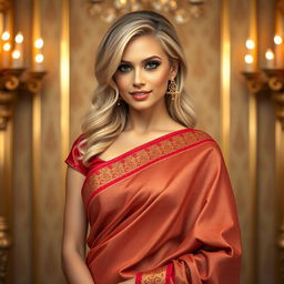 A stunning portrait of a blonde woman wearing a beautifully draped saree, showcasing a blend of traditional and modern style