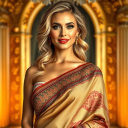 A stunning portrait of a blonde woman wearing a beautifully draped saree, showcasing a blend of traditional and modern style