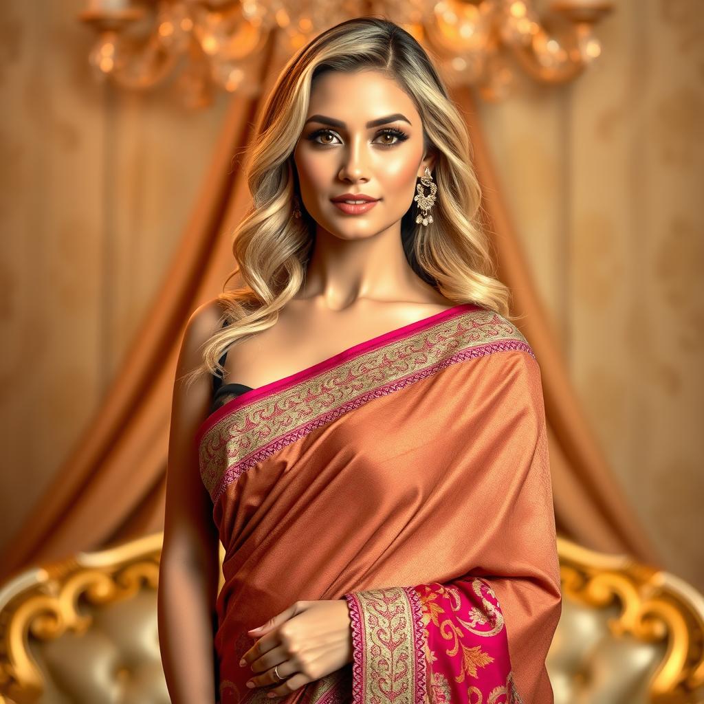 A stunning portrait of a blonde woman wearing a beautifully draped saree, showcasing a blend of traditional and modern style