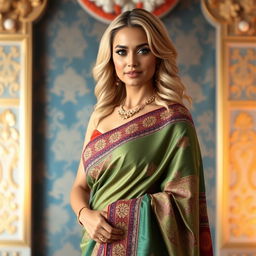 A stunning portrait of a blonde woman wearing a beautifully draped saree, showcasing a blend of traditional and modern style