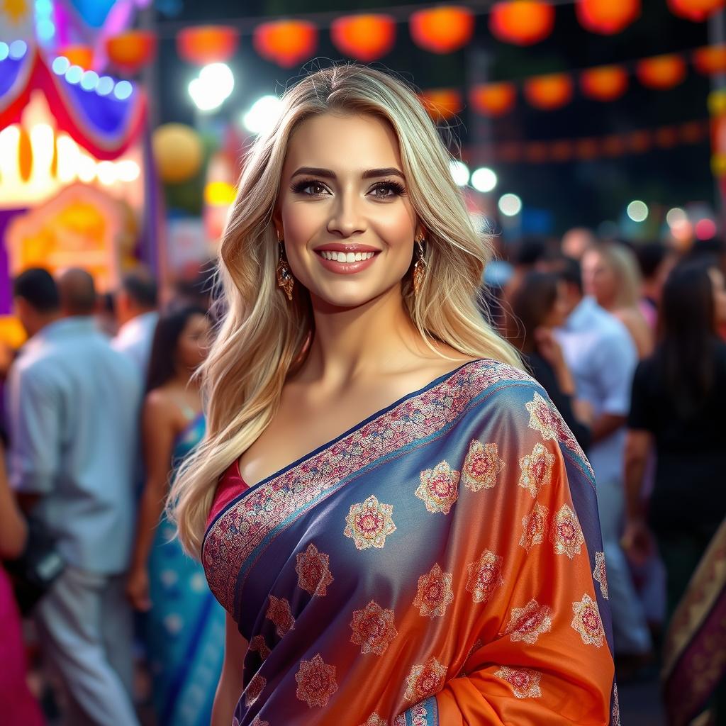 A captivating scene of a blonde woman wearing a dazzling saree at a lively public event