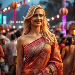 A captivating scene of a blonde woman wearing a dazzling saree at a lively public event
