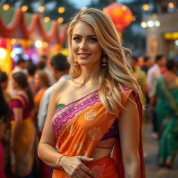 A captivating scene of a blonde woman wearing a dazzling saree at a lively public event
