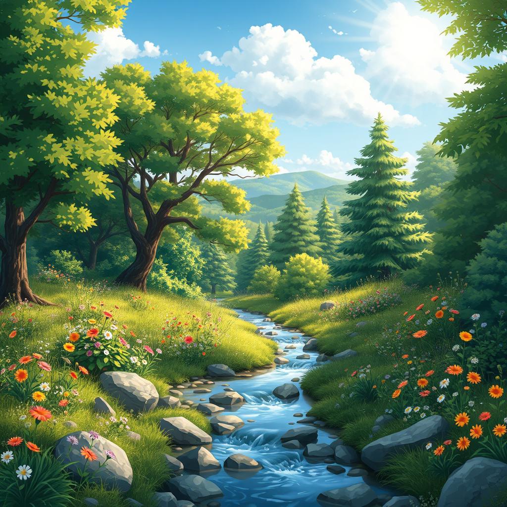 A beautifully illustrated background of a serene forest glade, with lush green trees, vibrant wildflowers in various colors, and a soft sunlight filtering through the leaves to create dappled patterns on the ground