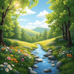 A beautifully illustrated background of a serene forest glade, with lush green trees, vibrant wildflowers in various colors, and a soft sunlight filtering through the leaves to create dappled patterns on the ground