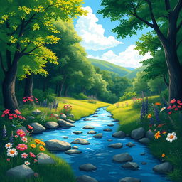 A beautifully illustrated background of a serene forest glade, with lush green trees, vibrant wildflowers in various colors, and a soft sunlight filtering through the leaves to create dappled patterns on the ground