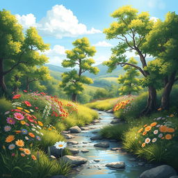 A beautifully illustrated background of a serene forest glade, with lush green trees, vibrant wildflowers in various colors, and a soft sunlight filtering through the leaves to create dappled patterns on the ground