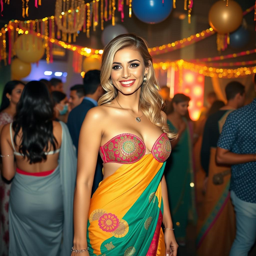 A lively scene featuring a blonde woman at a vibrant party, wearing a unique fusion outfit that combines a saree with a bikini-style blouse