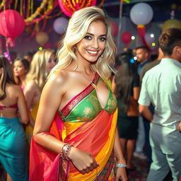 A lively scene featuring a blonde woman at a vibrant party, wearing a unique fusion outfit that combines a saree with a bikini-style blouse