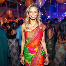 A lively scene featuring a blonde woman at a vibrant party, wearing a unique fusion outfit that combines a saree with a bikini-style blouse