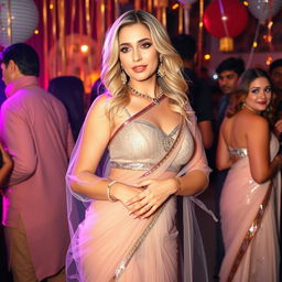 A glamorous scene at a lively party featuring a blonde woman with an hourglass figure, elegantly dressed in a sheer, transparent saree that drapes beautifully around her