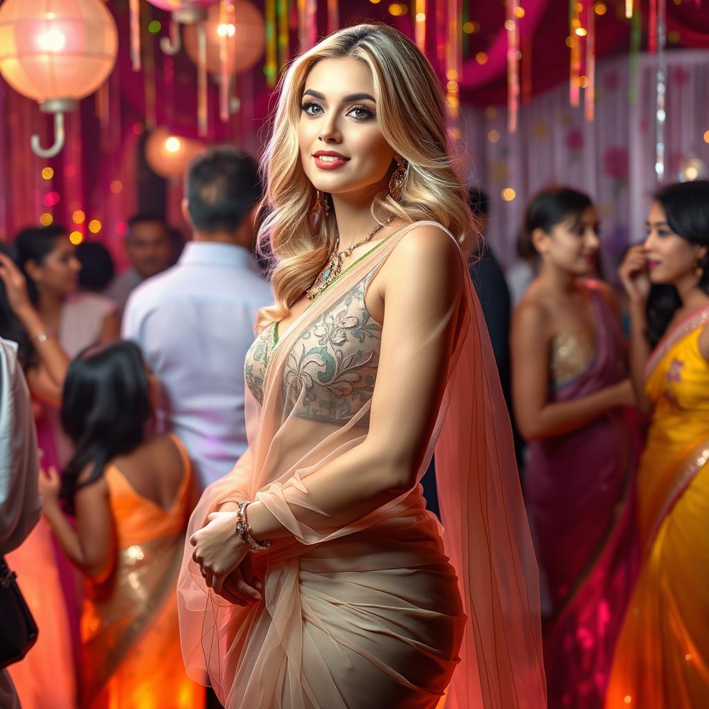 A glamorous scene at a lively party featuring a blonde woman with an hourglass figure, elegantly dressed in a sheer, transparent saree that drapes beautifully around her