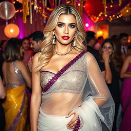A glamorous scene at a lively party featuring a blonde woman with an hourglass figure, elegantly dressed in a sheer, transparent saree that drapes beautifully around her