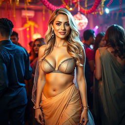 A stunning scene at a lively party featuring a blonde woman with an hourglass figure, elegantly dressed in a transparent bikini-style blouse paired with a flowing saree
