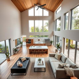 A beautifully designed modern home interior featuring an open floor plan, high ceilings, large windows letting in natural light, and a blend of minimalist and cozy decor