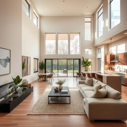 A beautifully designed modern home interior featuring an open floor plan, high ceilings, large windows letting in natural light, and a blend of minimalist and cozy decor