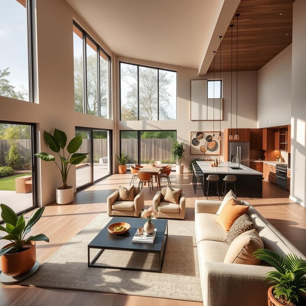 A beautifully designed modern home interior featuring an open floor plan, high ceilings, large windows letting in natural light, and a blend of minimalist and cozy decor