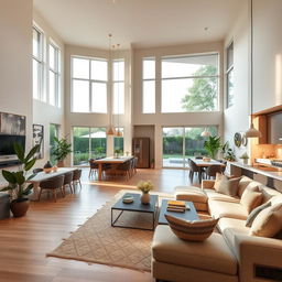A beautifully designed modern home interior featuring an open floor plan, high ceilings, large windows letting in natural light, and a blend of minimalist and cozy decor