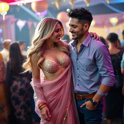A vibrant scene featuring a blonde woman with an hourglass figure, elegantly dressed in a transparent bikini-style blouse complemented by a flowing saree