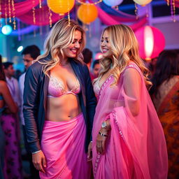 A vibrant scene featuring a blonde woman with an hourglass figure, elegantly dressed in a transparent bikini-style blouse complemented by a flowing saree