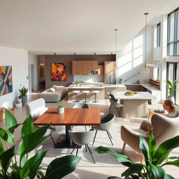 A beautifully designed modern home interior featuring an open-concept layout with a spacious living room, elegant dining area, and a sleek kitchen