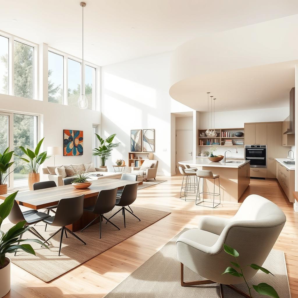 A beautifully designed modern home interior featuring an open-concept layout with a spacious living room, elegant dining area, and a sleek kitchen
