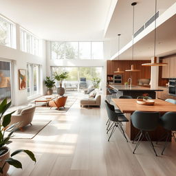A beautifully designed modern home interior featuring an open-concept layout with a spacious living room, elegant dining area, and a sleek kitchen